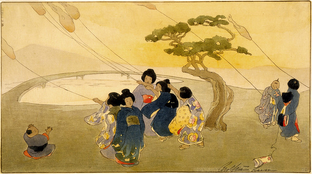 Japanese women flying kites
